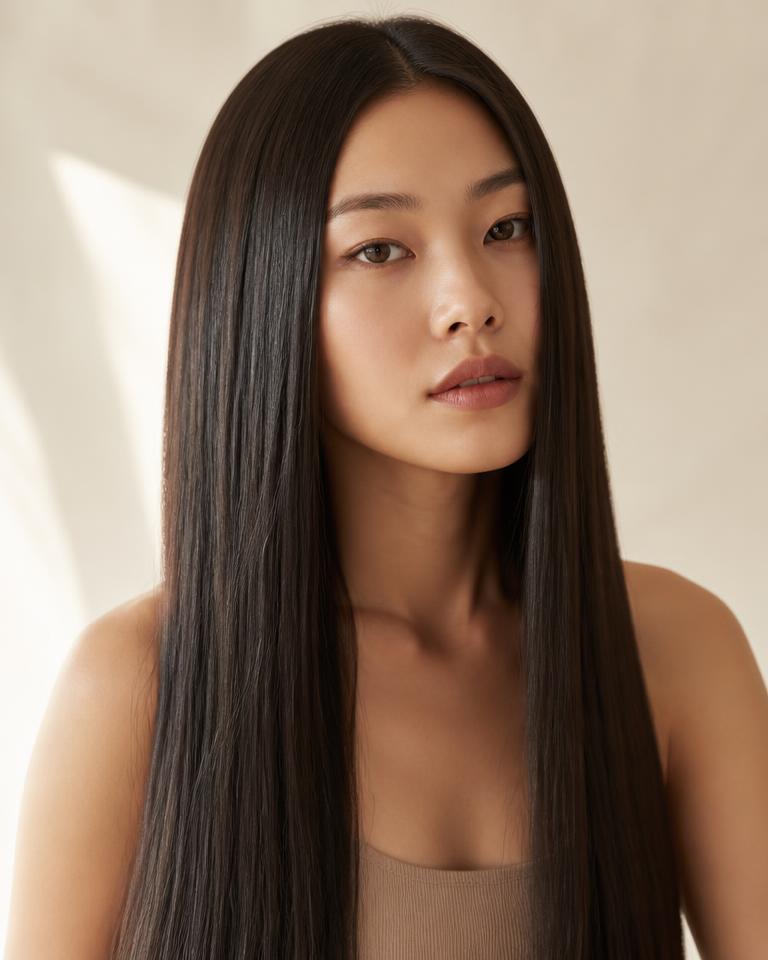 Portrait of a woman with very straight, sleek dark hair worn down.