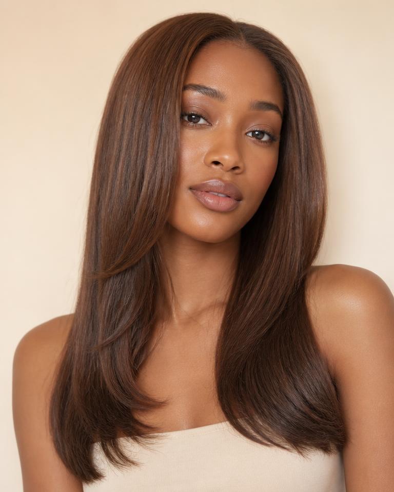 Portrait of a woman with straight chestnut hair with body and a slight bend at the ends.