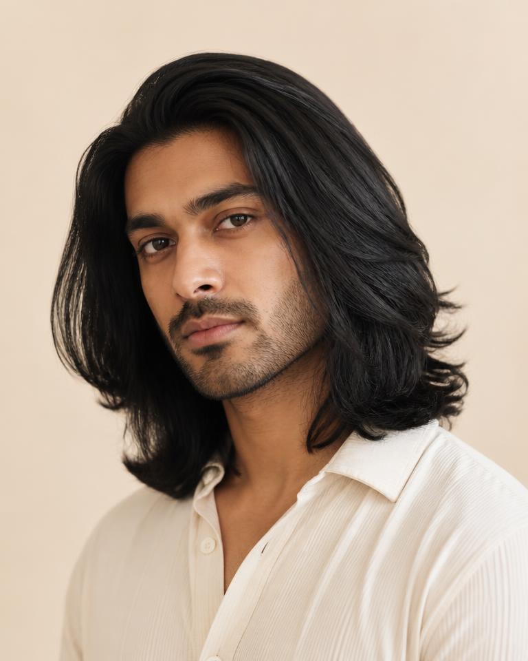 Portrait of a man with thick, predominantly straight black hair with subtle bends.
