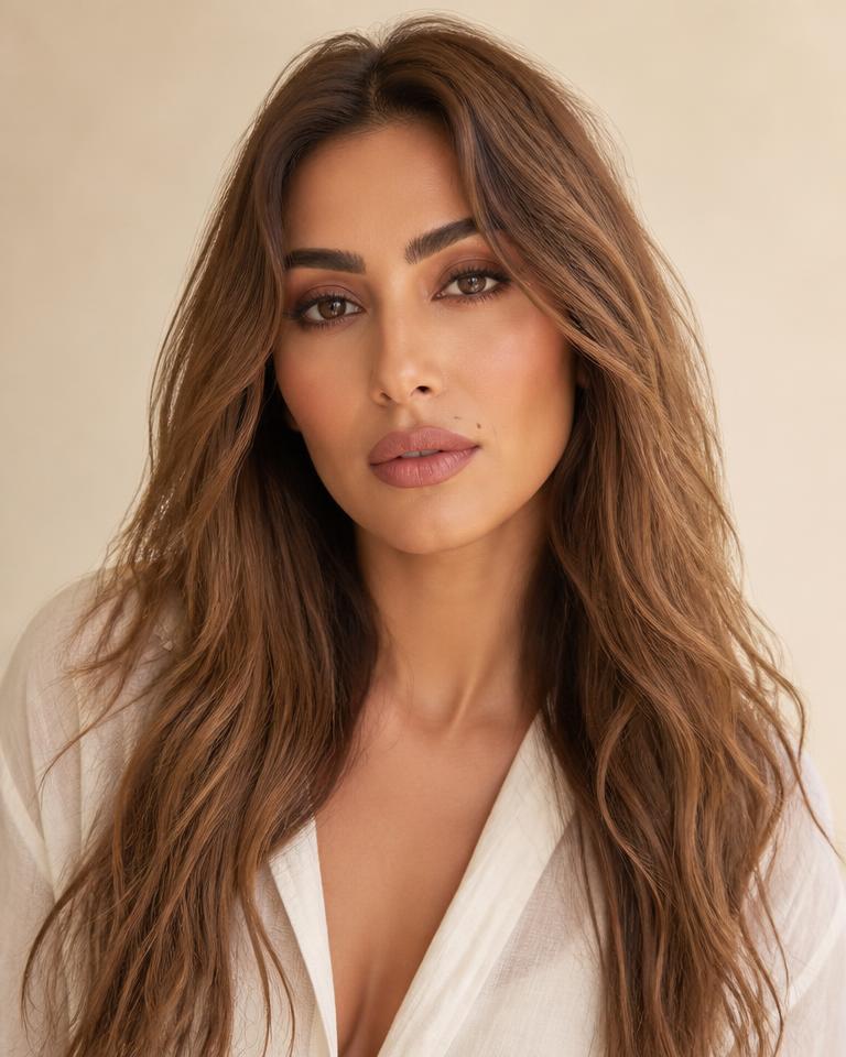 Portrait of a woman with long light brown hair in very loose, subtle waves.
