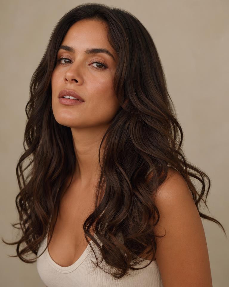 Portrait of a woman with deep brown waves that loop into loose curls at the ends.