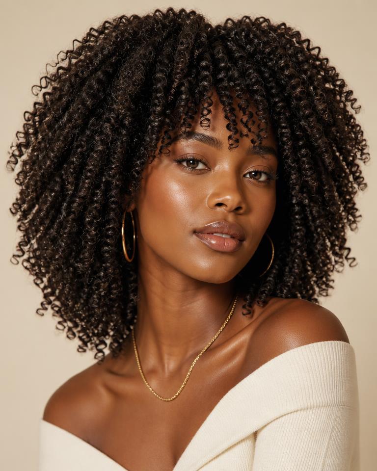 Portrait of a woman with tight, densely packed corkscrew curls.