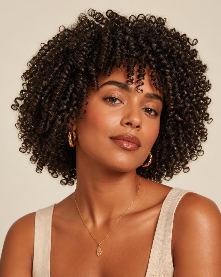 Portrait of a woman with small, defined springy coils worn in a natural shape.