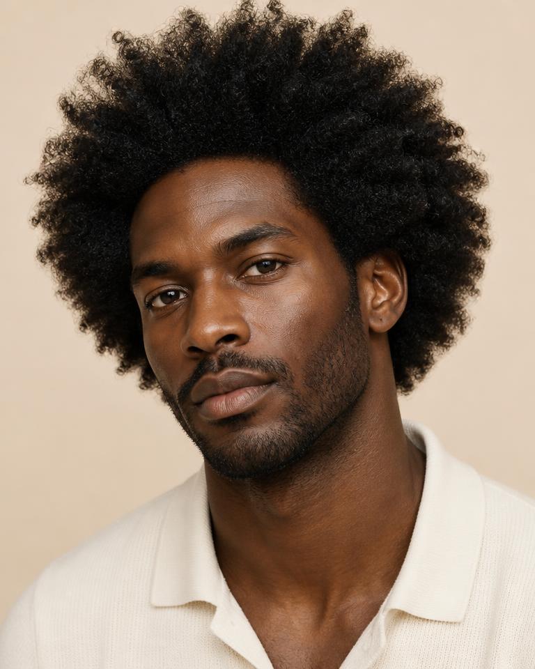 Portrait of a man with tight zig-zag coily hair in a natural afro.