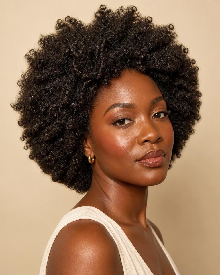 Portrait of a woman with very tight, dense coils worn in a natural afro.